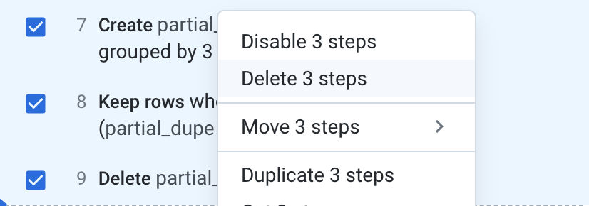 Expanded dropdown menu with Delete 3 steps option highlighted