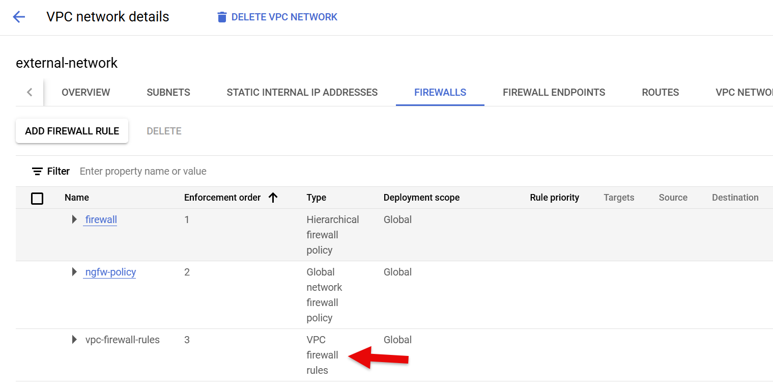 red arrow pointing to where the VPC firewall rule is on the Firewall tab
