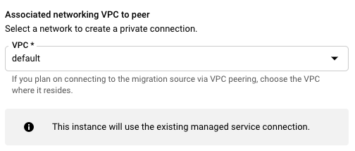The updated message says that the instance will use the existing managed service connection.