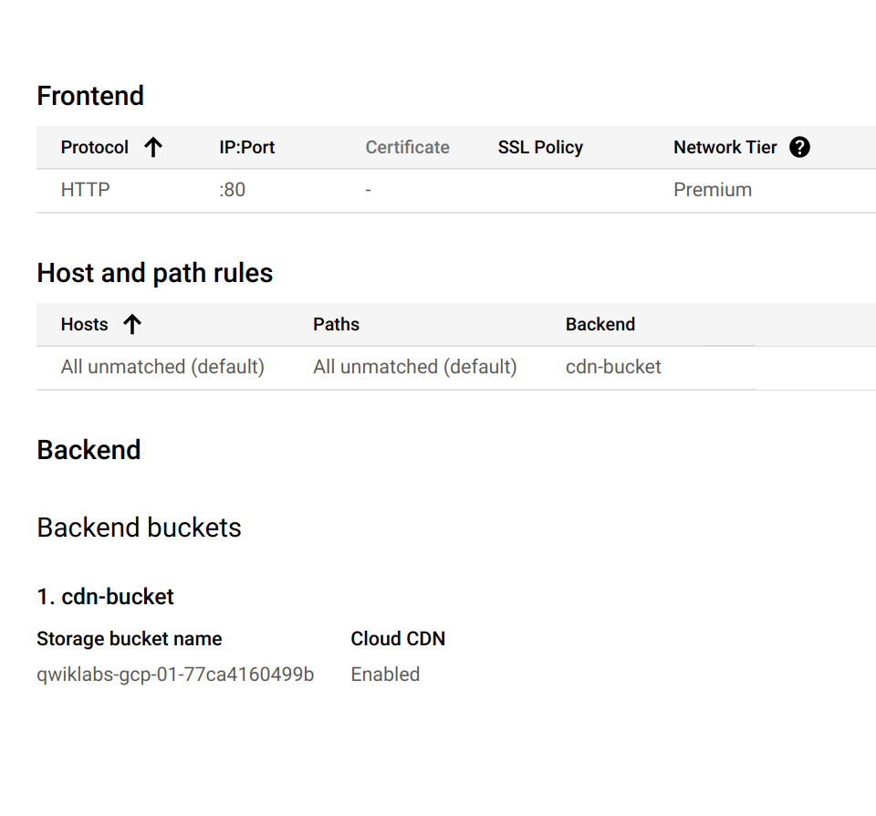 The frontend protocol: http, IP port: 80, and the backend cdn-bucket with Cloud CDN enabled