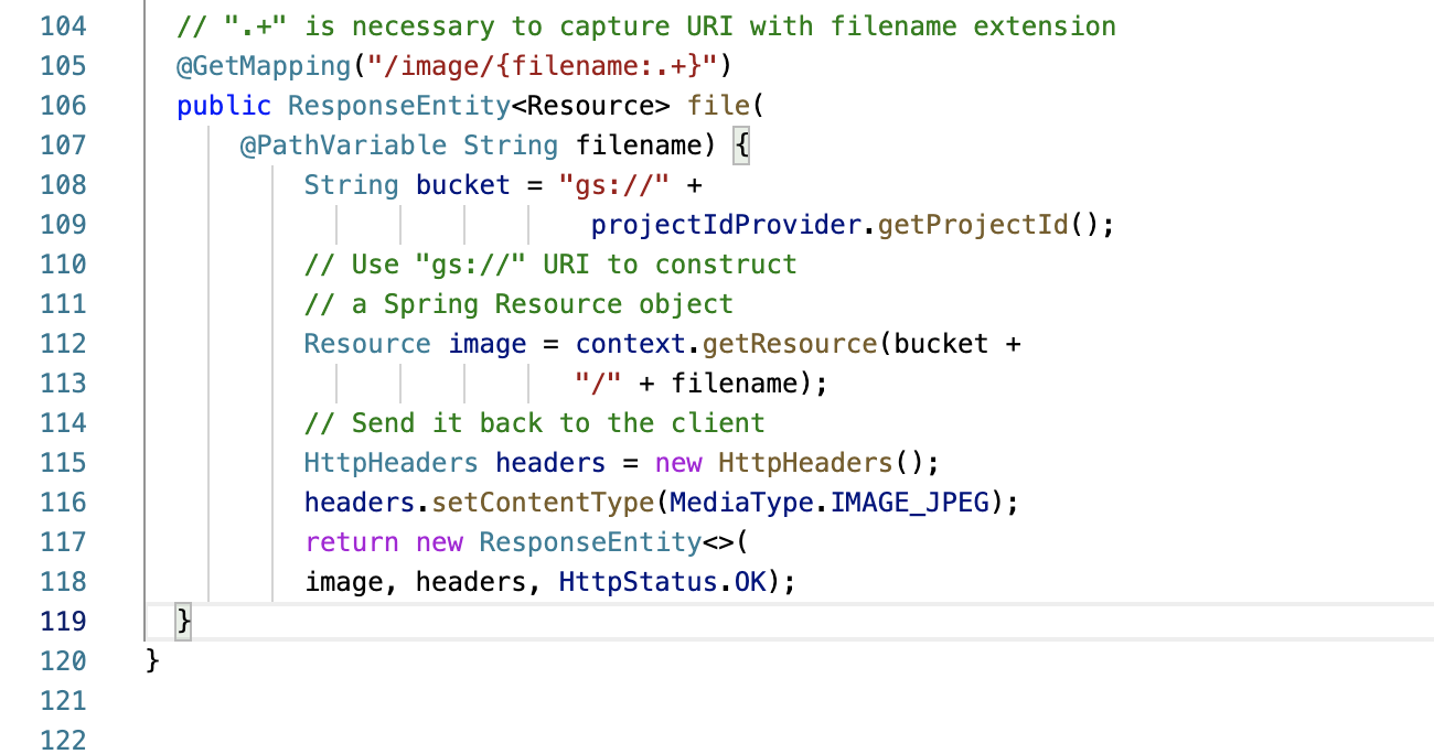 Lines 104 to 120 of the FrontendController.java file