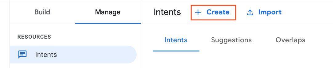 Intents tab with Create button highlighted