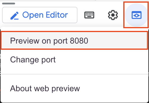 Web preview option 'Preview on port 8080'.