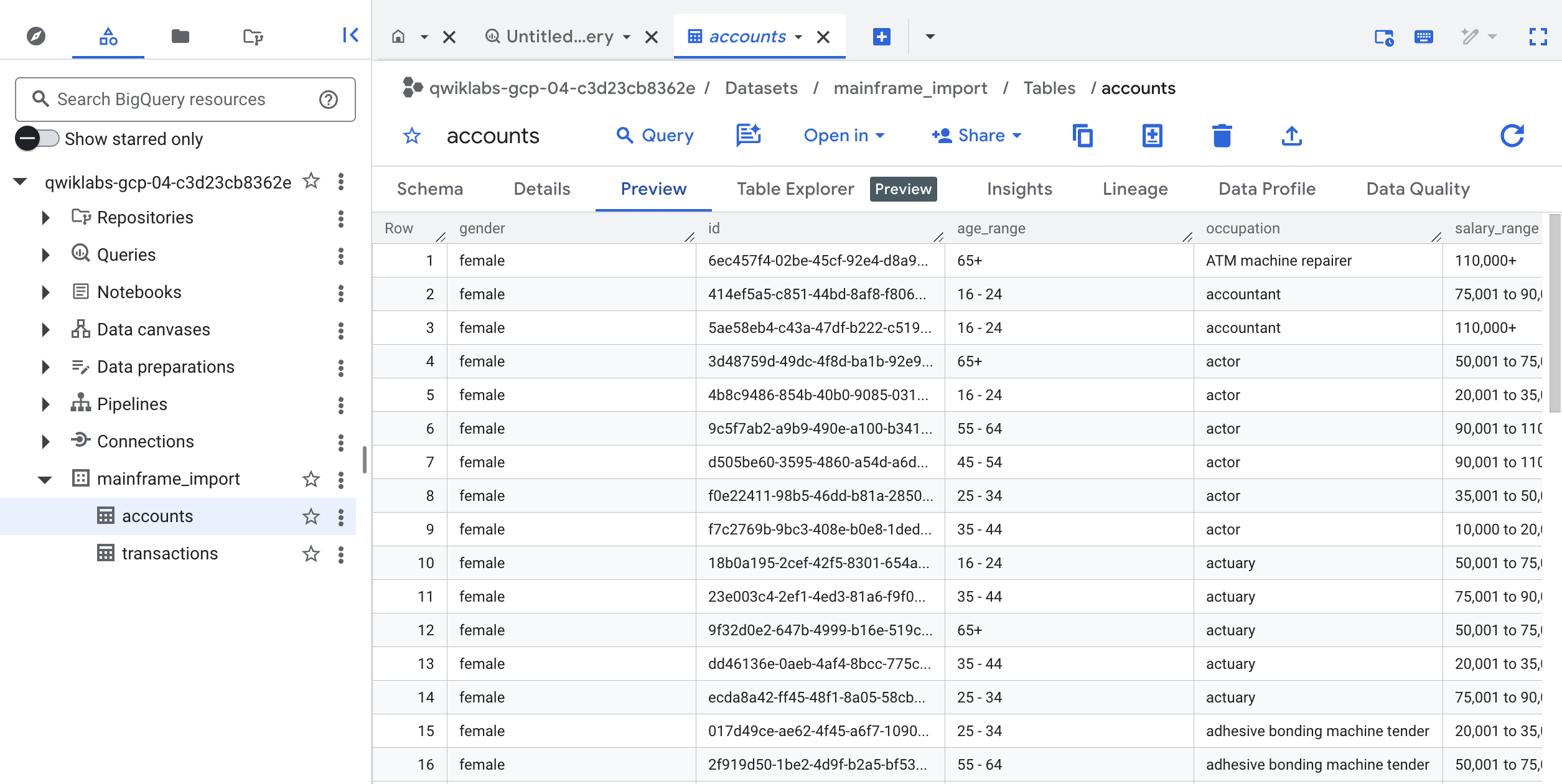BigQuery dataset: account
