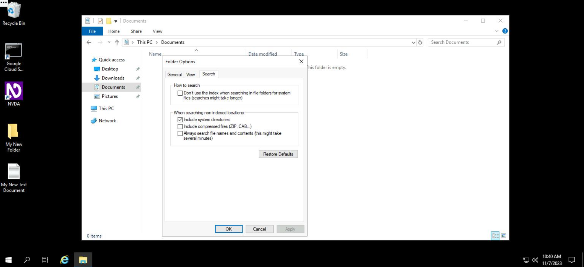 Screenshot of the Folder Options menu in File Explorer. There are three tabs to the menu -- General, View, and Search. The Search tab is selected, with the Always search file names and contents" box selected.