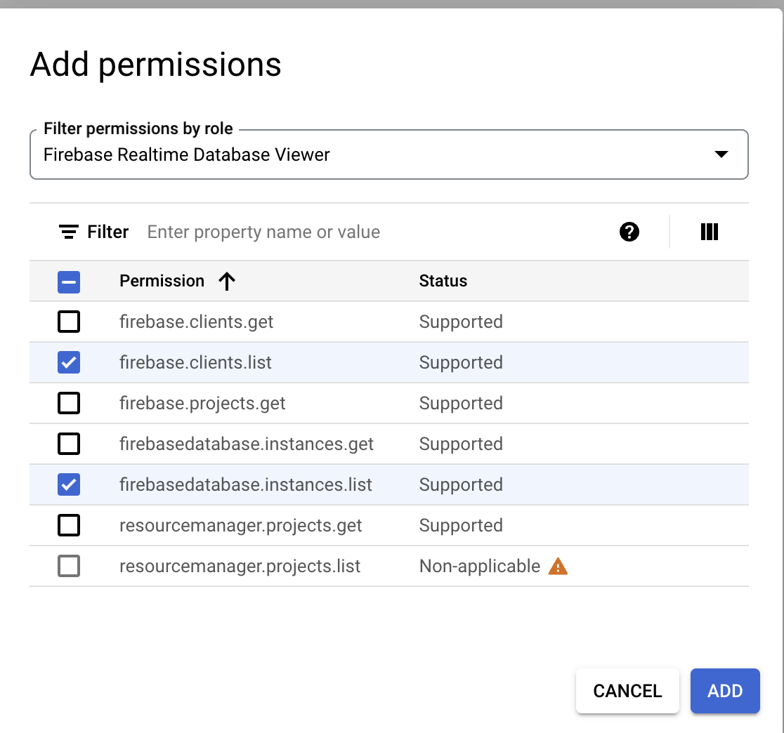 Google Cloud IAM add permissions dialog box filters firebase.clients.list and firebasedatabase.instances.list permissions for the Firebase Realtime Database Viewer role