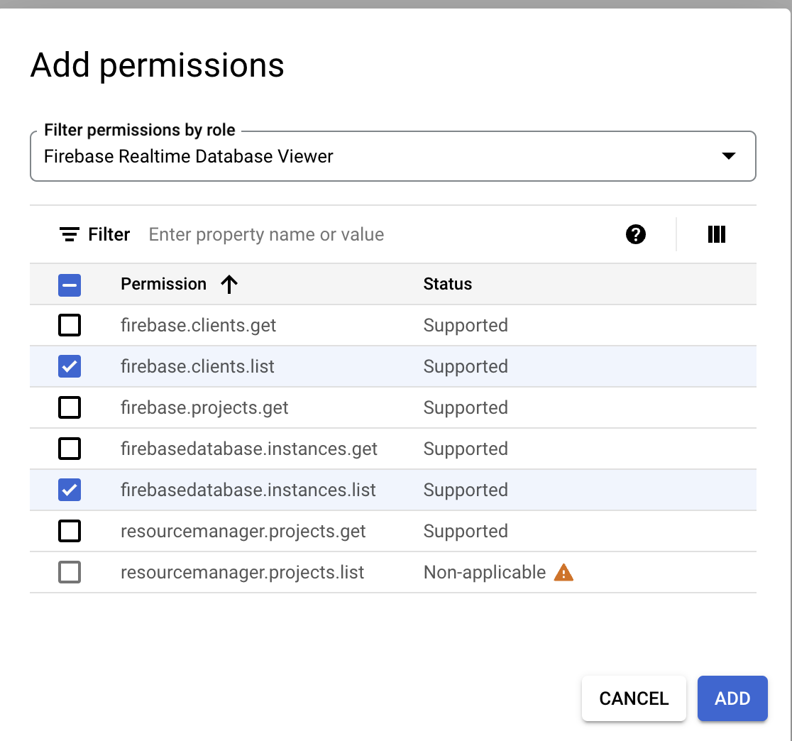 El cuadro de diálogo para agregar permisos de Google Cloud IAM filtra los permisos firebase.clients.list y firebasedatabase.instances.list para el rol de visualizador de Firebase Realtime Database