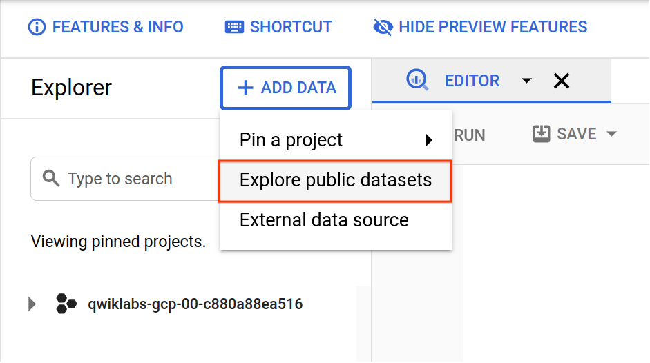 Explore public datasets option highlighted in the expanded Add Data dropdown menu