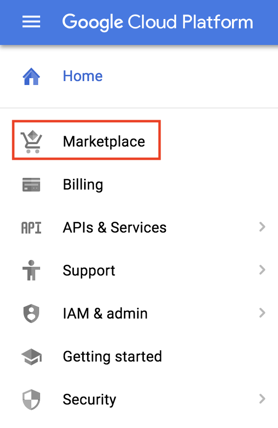 The Marketplace option highlighted within the Cloud Console.