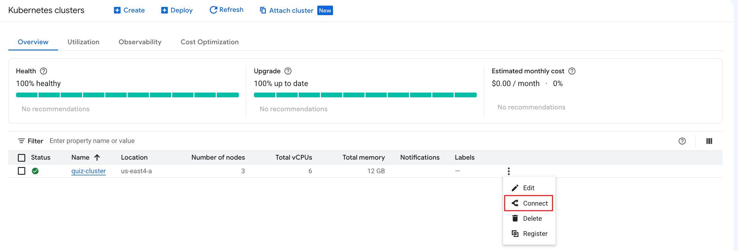 Kubernetes clusters list with Connect option highlighted