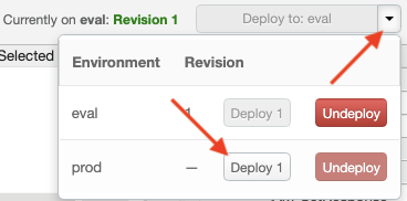 Deploy to eval dropdown menu and Deploy 1 for prod option highlighted