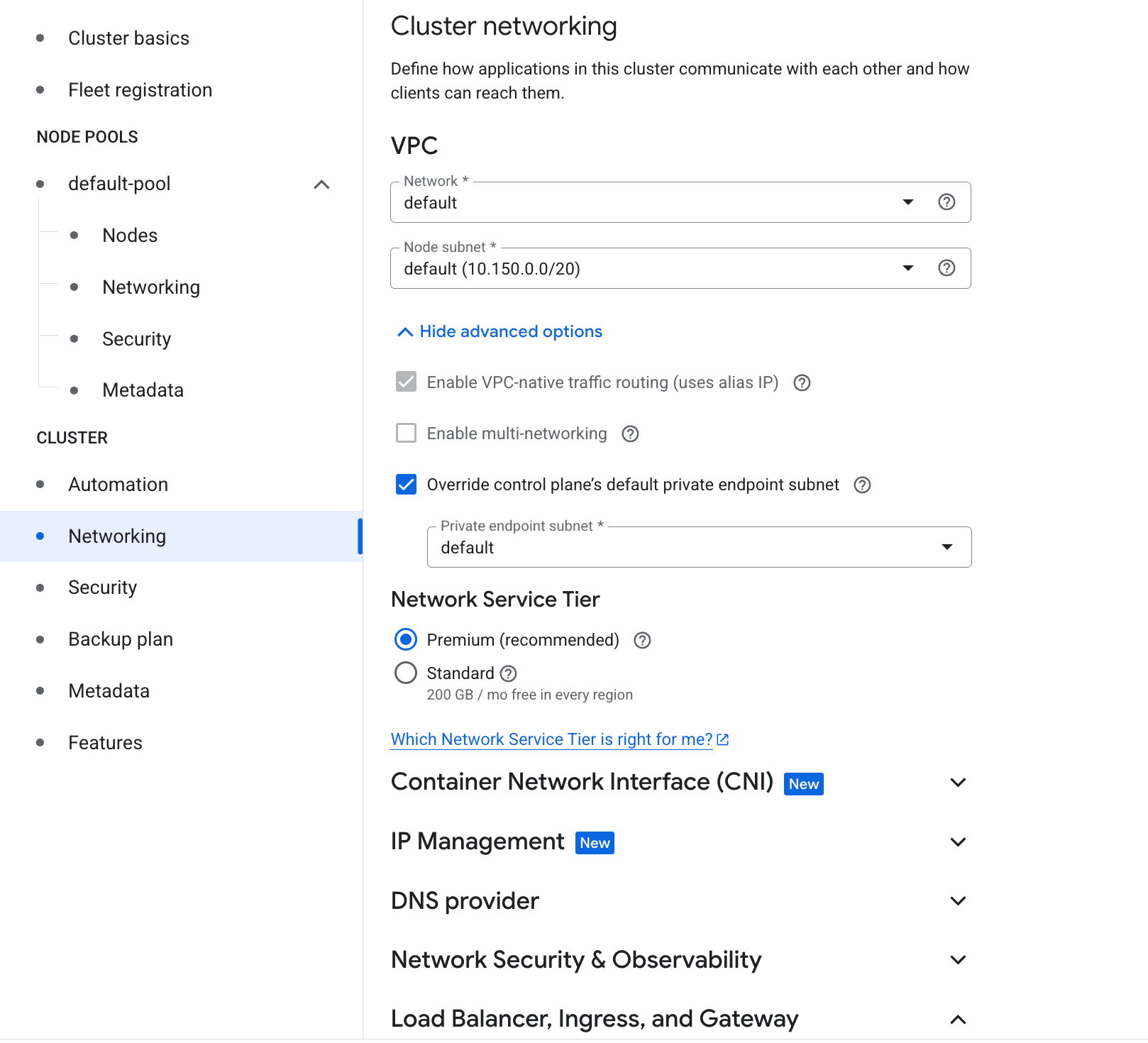 Node pool details section