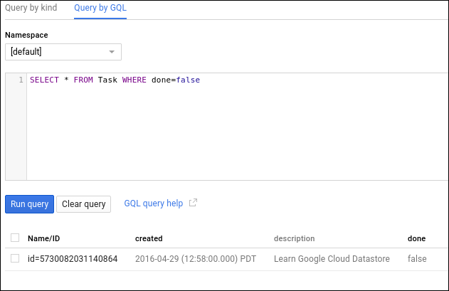 The task entity populated in the Query by GQL tab.