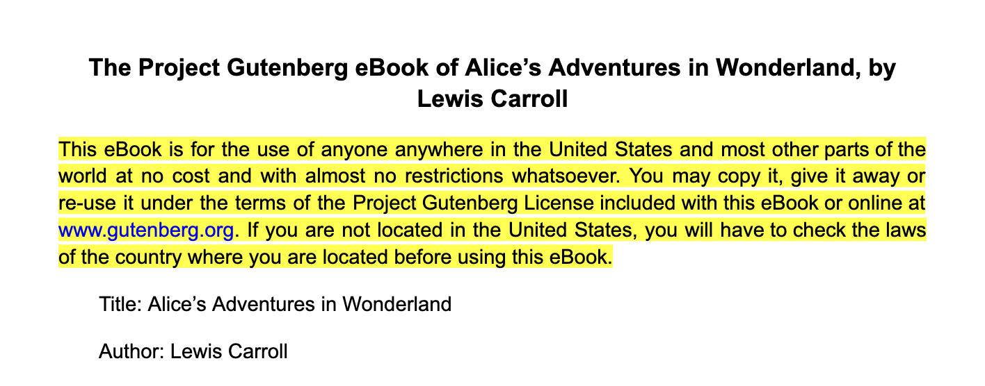 Description of The Project Gutenberg eBook of Alice's Adventures in Wonderland, by Lewis Carroll with the selected text highlighted