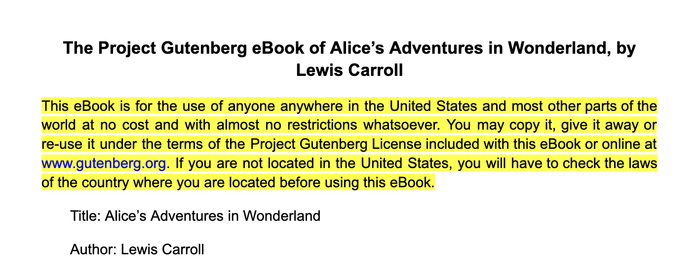 Descrição do e-book &quot;Alice no País das Maravilhas&quot;, de Lewis Carroll, no Project Gutenberg com o texto selecionado destacado