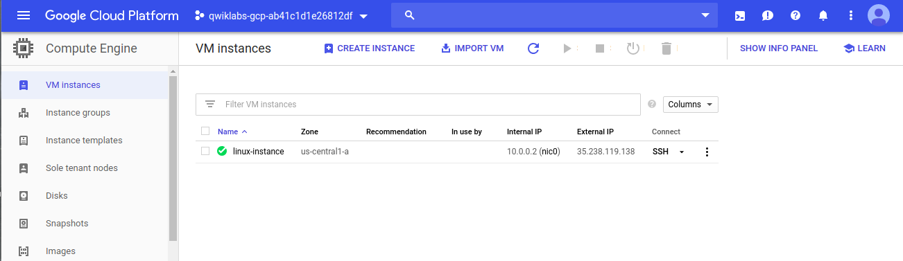 VM instances tabbed page with a linux instance listed