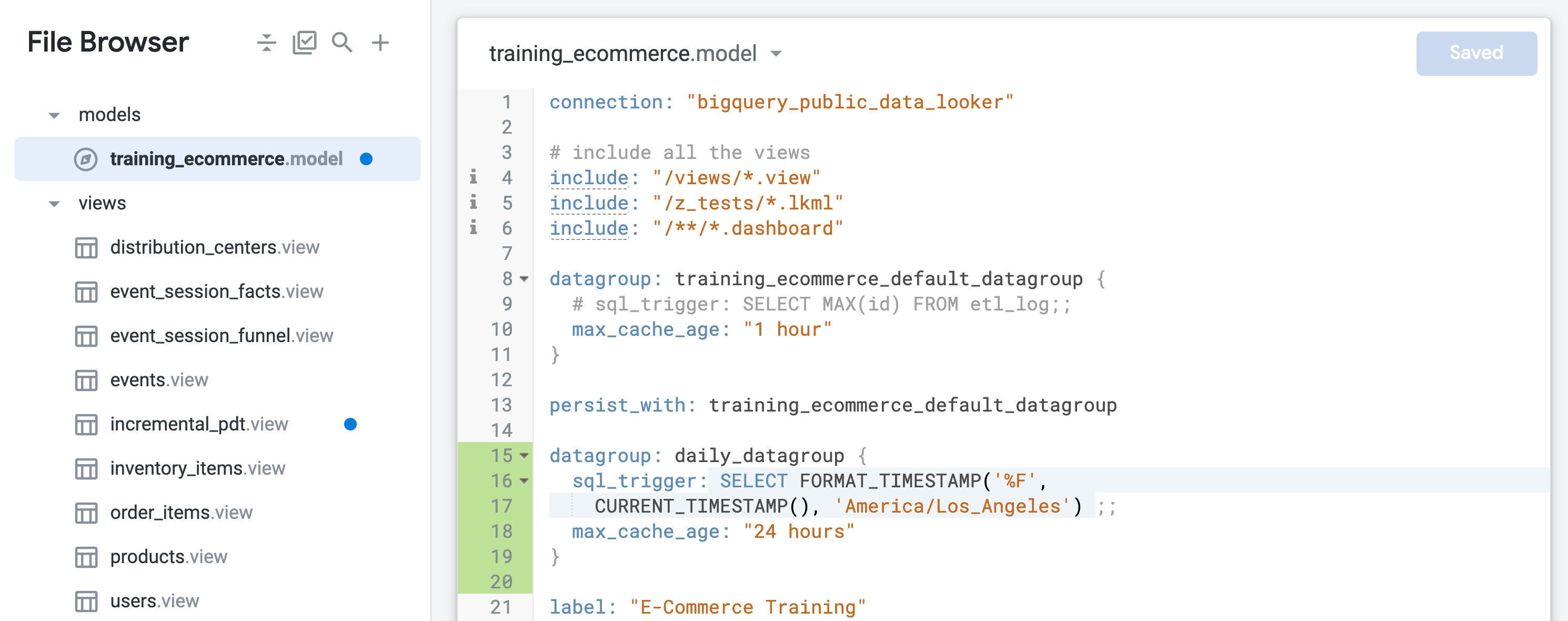 The open training_ecommerce.model file displaying lines one to 21