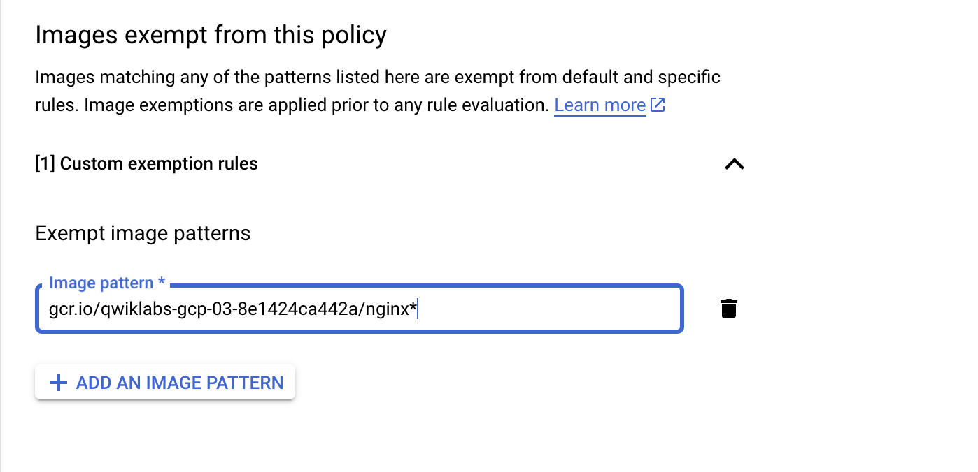 Binary Authorization screen with image path populated in the new image pattern field