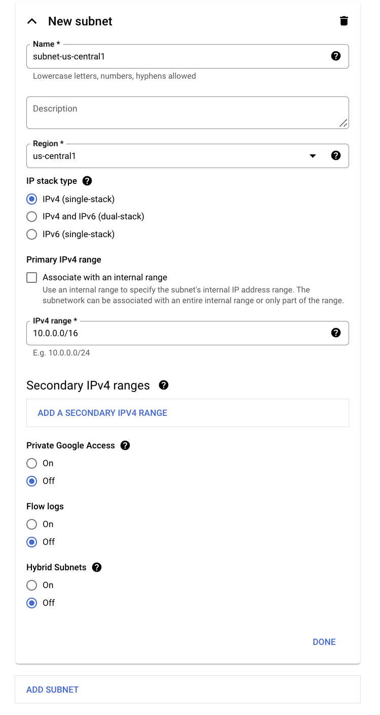 The populated Create a VPC network dialog box