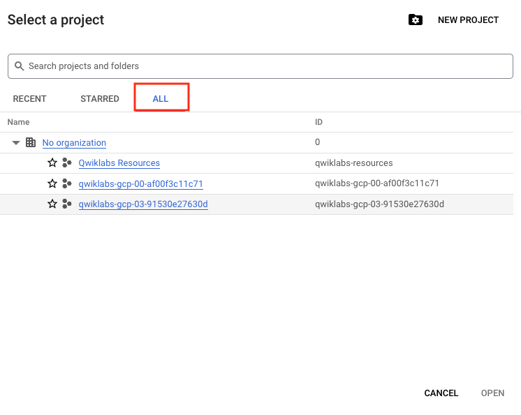 Google Cloud all projects tab