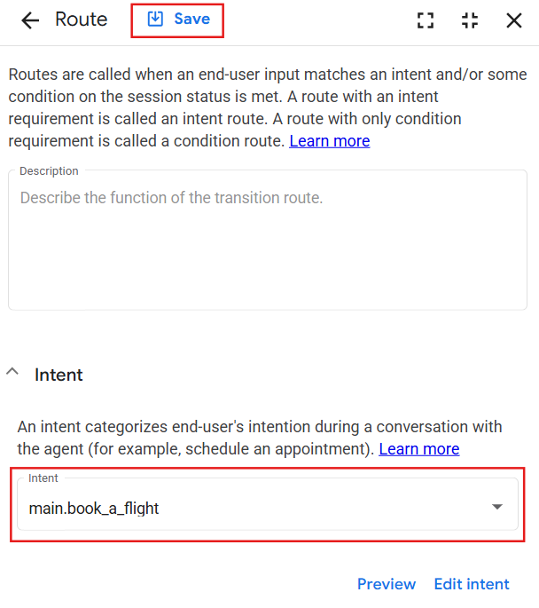 Route window with main.book_a_flight intent selected and Save button highlighted