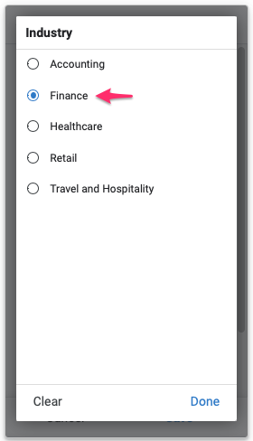 The list of industry values with the Finance value selected