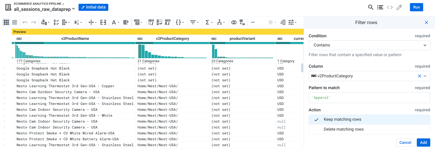 Filter rows panel with the filters: contains v2ProductCategory, matches Apparel pattern, and keep matching rows