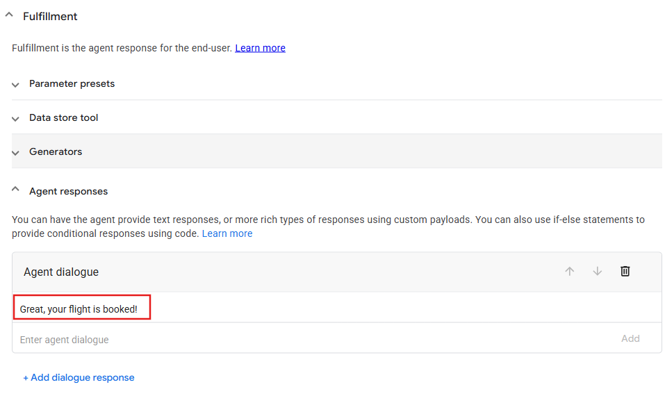 Highlighted Agent says field displaying the message: Great, your flight is booked!