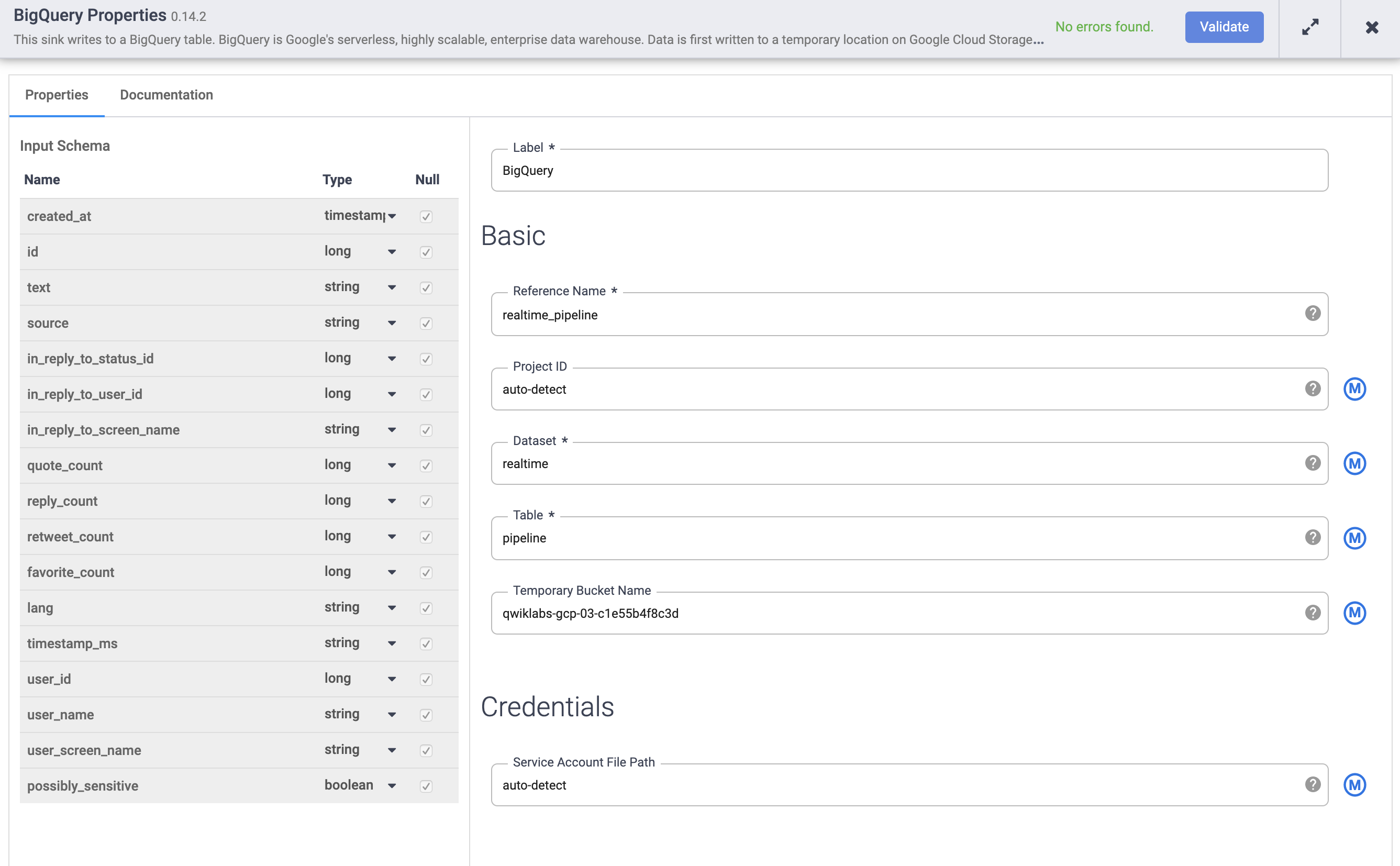 BigQuery Properties window