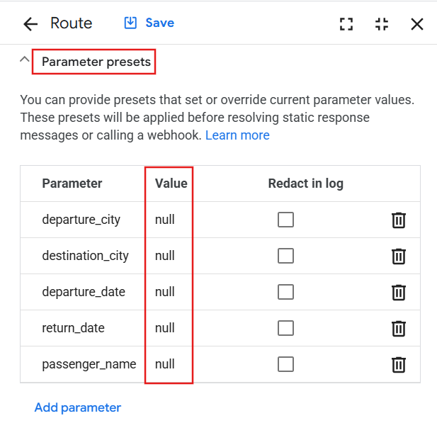 Parameter presets section with null value for each of the five parameters