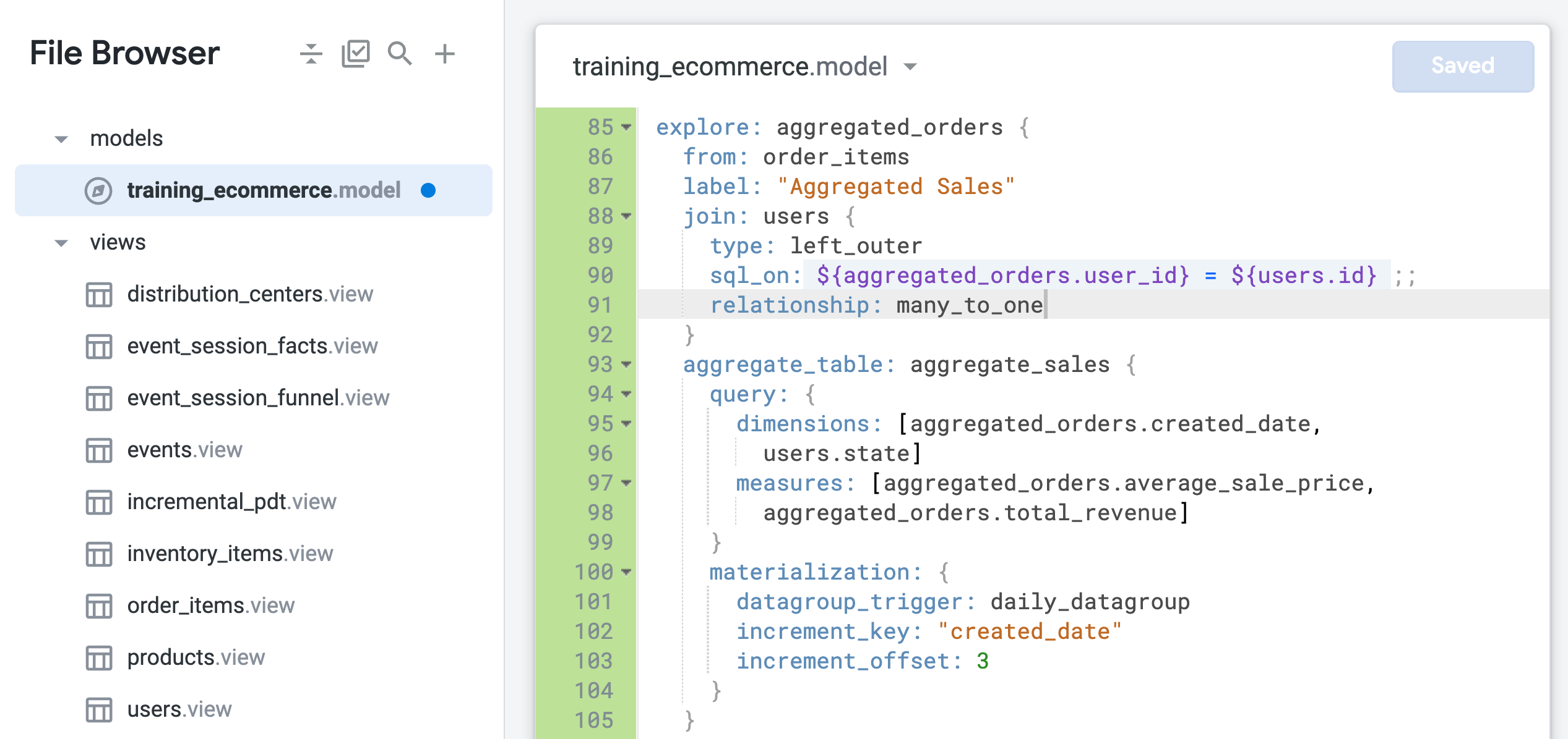 The training_ecommerce.model file displaying lines of code for the use of many to one relationship