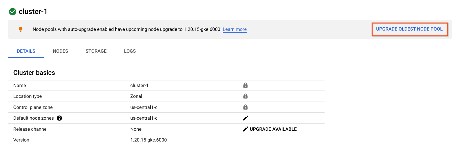 Upgrade oldest node pool link