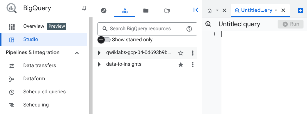 data-to-insights pinned to the menu