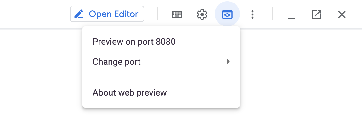 The expanded Web preview menu dispalying the Preview on port 8080 option