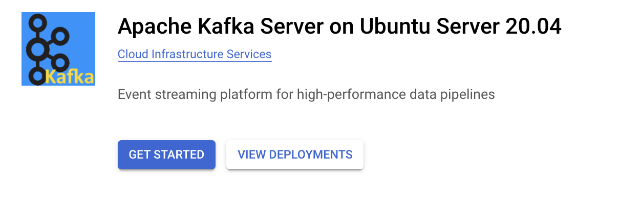 The Apache Kafka Server on Ubuntu Server 20.04 populated within the Marketplace, which includes the Launch and View Past Deployment buttons.