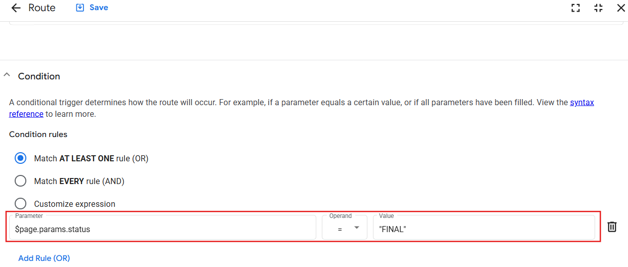 Condition section with Parameter field highlighted