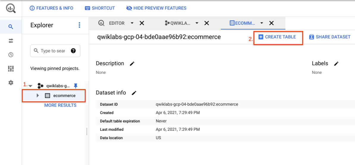 The highlighted Create Table button and ecommerce dataset
