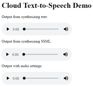 The Cloud Text-to-Speech Demo audio files of the output from synthesizing text, output from synthesizing SSML, and output with audio settings