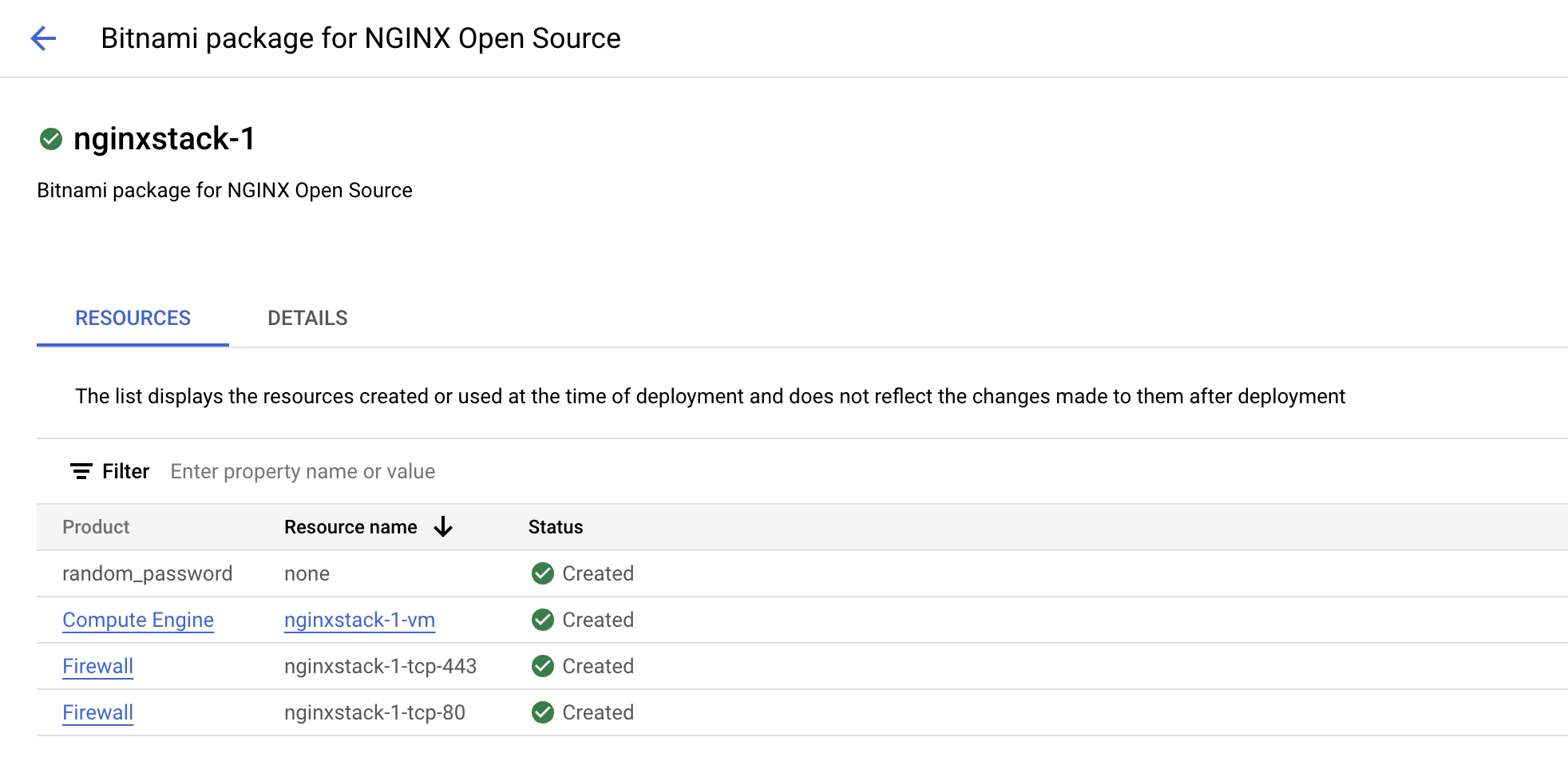 The nginxstack-1 deployment, with the 'nginxstack-1 is being deployed' message along with its overview and sub-folders.