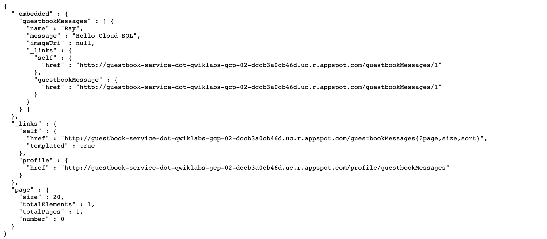 The sample message is "Hello Cloud SQL" 