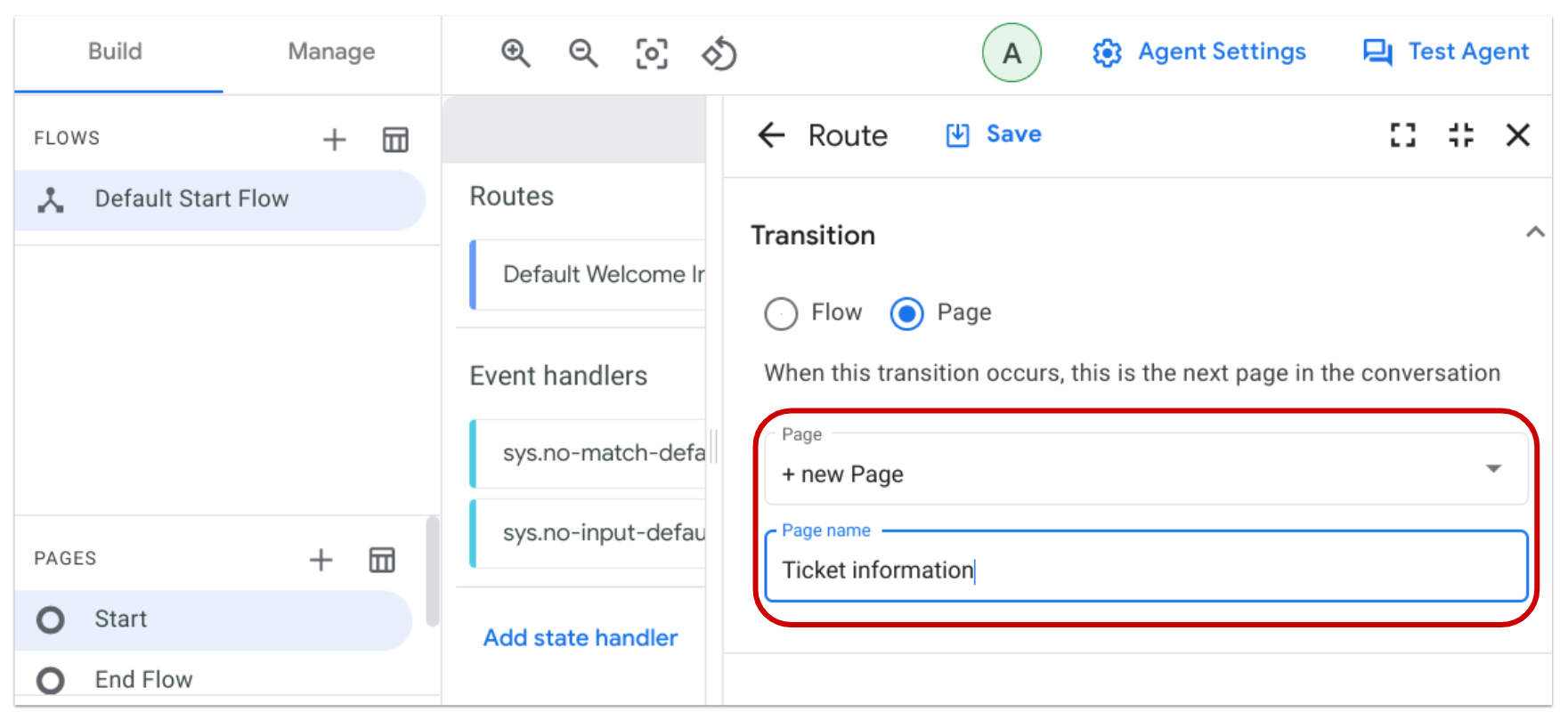 Highlighted Page name field populated with Ticket information