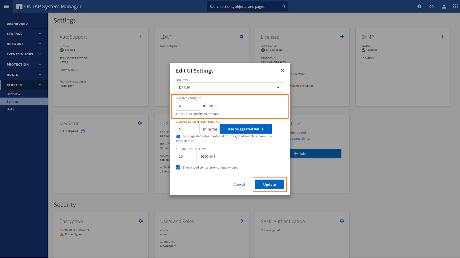 The Edit UI Settings window displaying the Inactivity timeout field.