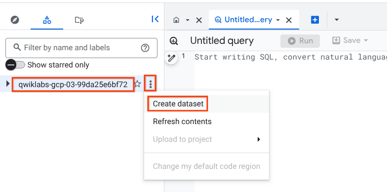 The Create dataset option highlighted on the expanded View actions submenu