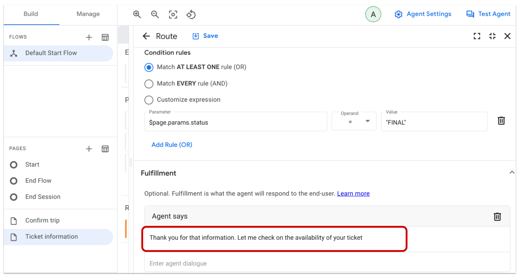 Fulfillment section with highlighted populated Agent says field