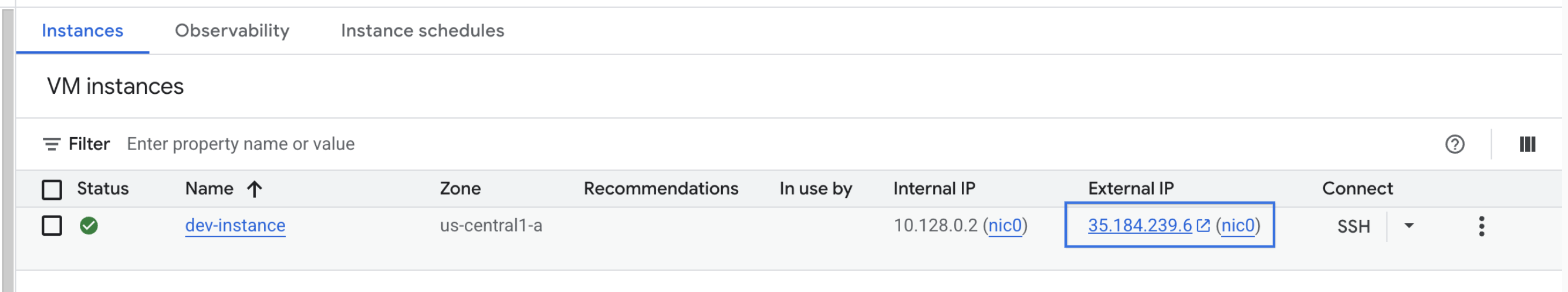 External IP 35.225.28.129 highlighted