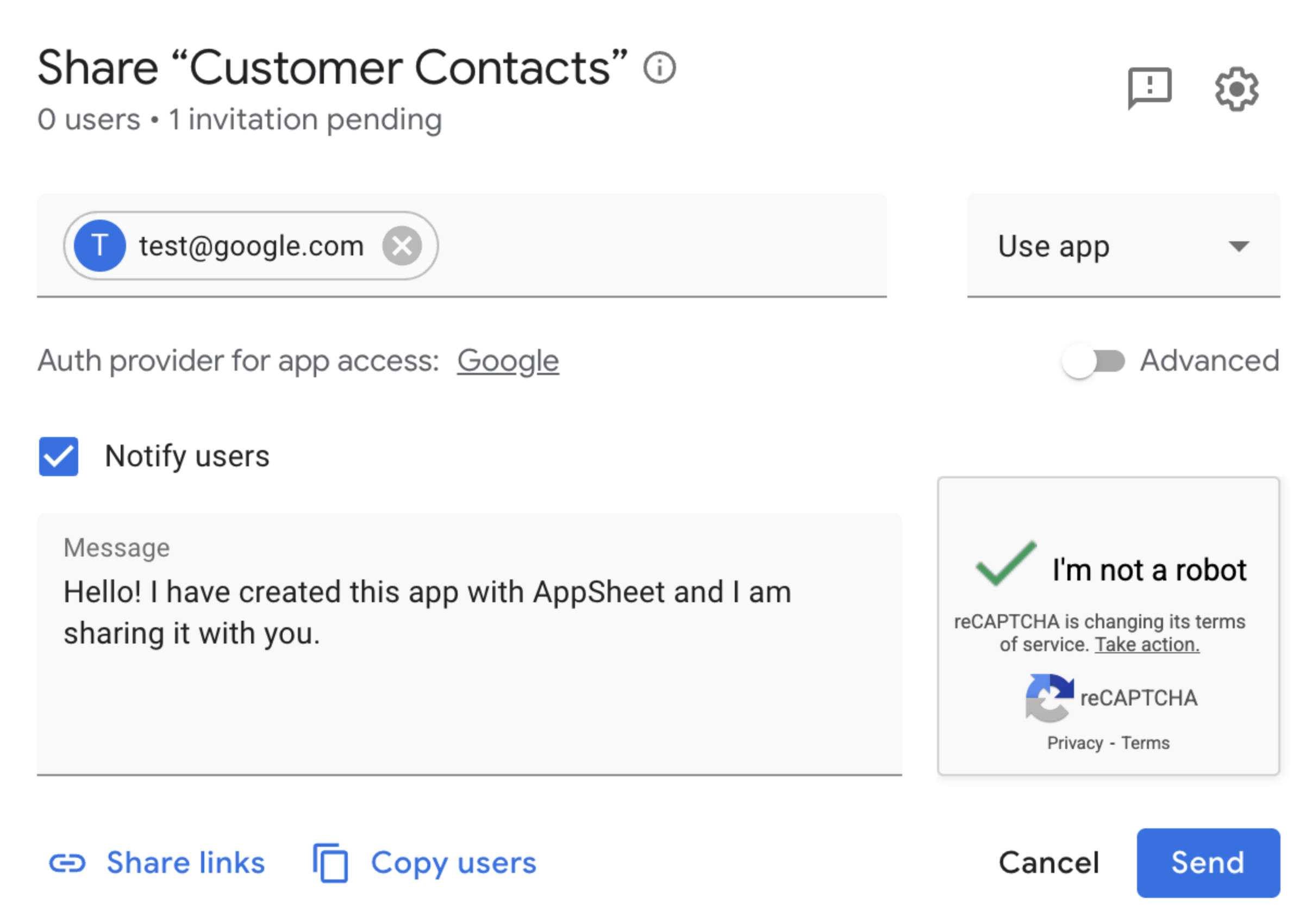 Share app page showing the message: Hello! I have created this app with AppSheet and I am sharing it with you.
