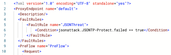default.xml, lines 4 - 8 displaying the new FaultRule
