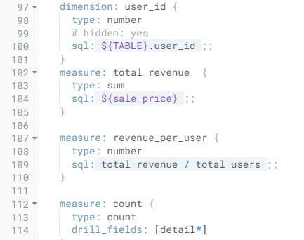 The order_items.view file, which includes the aforementioned snippet added to the measures section.