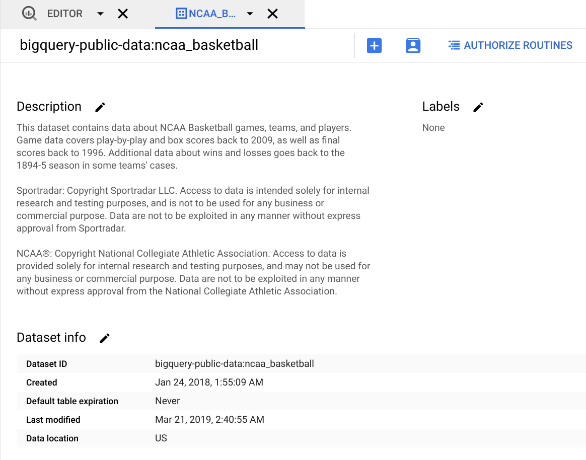 ncaa_basketball dataset displaying Description and Dataset info sections