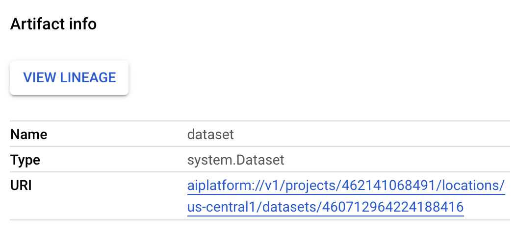 URI リンクを表示しているアーティファクト情報画面